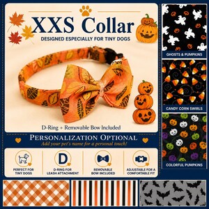 May include: An XXS collar for tiny dogs featuring an orange fabric with a brown leaf pattern and a removable bow. The design includes a D-ring, an adjustable buckle, and text options for personalization. Additional patterns include ghosts, pumpkins, and bats.