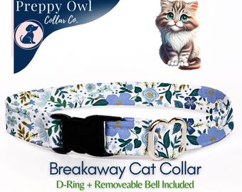 Floral Cat Collar: Blue Summer Cotton Breakaway Collar with Bell