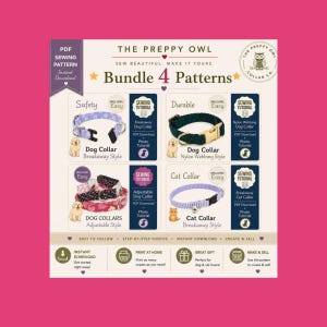 Op de afbeelding: Een digitaal naaipatroonpakket van The Preppy Owl met vier ontwerpen: een lavendelkleurige bloemige veiligheidshalsband voor honden, een donkergroene nylon hondenhalsband, een verstelbare hondenhalsband met patronen en een lichtpaarse gestreepte kattenhalsband.