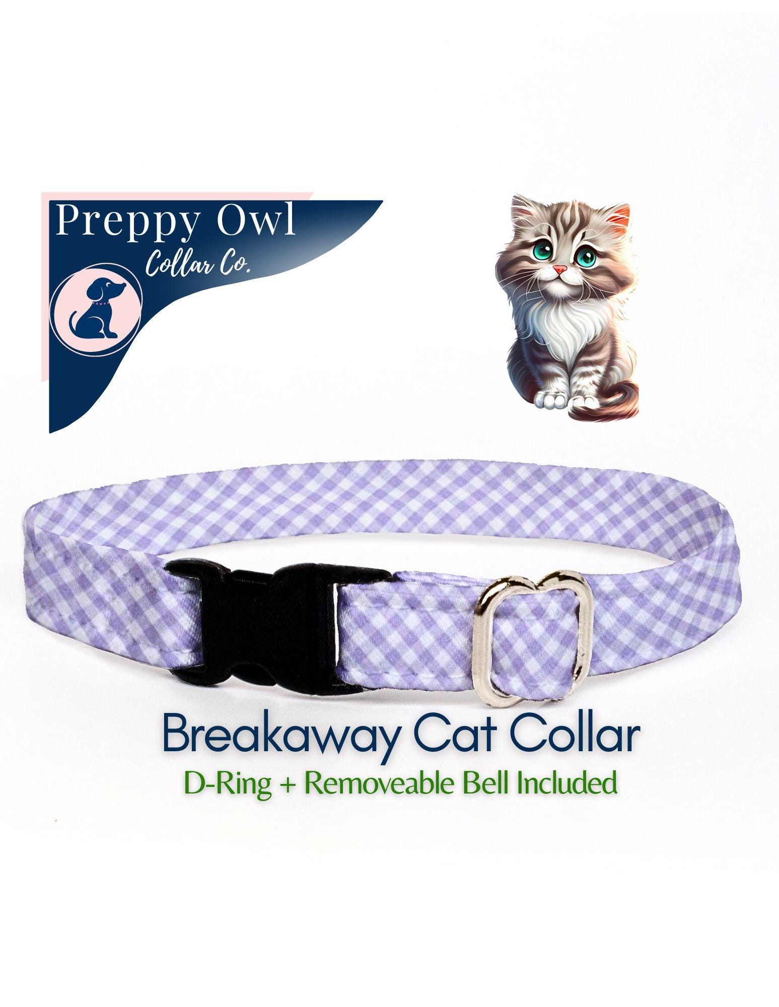 Purple Gingham Cat Collar With Breakaway Buckle & Bell