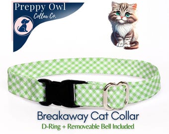 Green Gingham Cat Collar: Breakaway Safety, with Bell