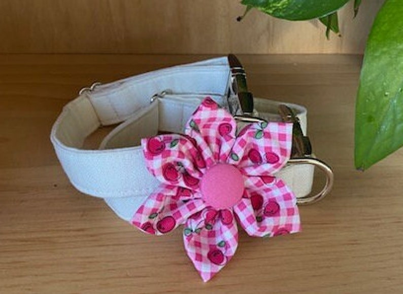 Dog Collar Flower Attachment, Summer Dog Collar Flower, Cherries Flower Velcro, Cute Dog Collar Clothing, Summer Pink Pet Collar Flower image 2