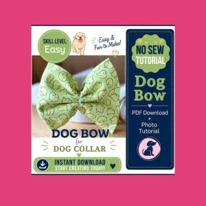 Puede incluir: Un tutorial digital para un lazo para perro de color verde claro con un patrón repetitivo de pollitos amarillos. El texto dice: Skill Level: Easy, No Sew Tutorial, Dog Bow, PDF Download + Photo Tutorial, Dog Bow for Dog Collar, Instant Download.