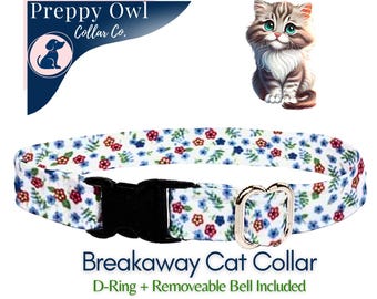 Floral Breakaway Cat Collar: Handmade Cotton Kitten Collar with Bell