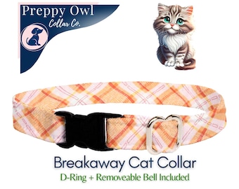 Orange Plaid Cat Collar: Handmade Cotton Breakaway Collar with Bell
