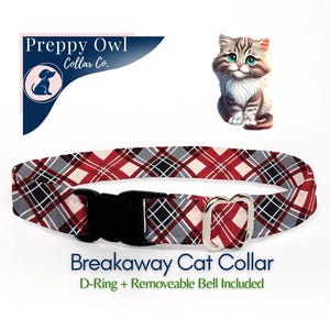 Christmas Cat Collar, Cat Collar Breakaway, Winter Plaid Black Red Cat Collar Bell, Kitten Safety Collar