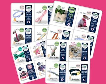 May include: A bundle of 16 sewing patterns for pet accessories, including collars, leashes, and toys. Each pattern is displayed on a white card with a pink background. The text "BUNDLE - 16 PATTERNS" is at the top.