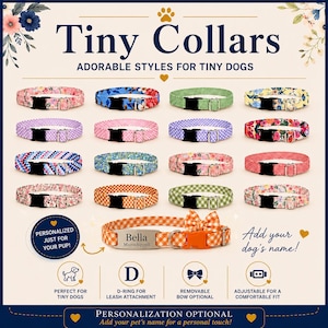 May include: A collection of sixteen patterned dog collars with black plastic buckles and metal hardware. One orange checkered collar features a metal nameplate engraved with the name Bella and the word Microchipped, plus a matching bow.
