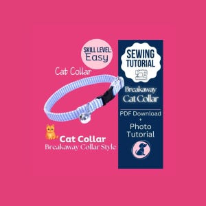 Könnte beinhalten: Ein hellblau-weiß gestreiftes Katzenhalsband mit schwarzer Kunststoff-Sicherheitssteckschnalle und kleiner silberner Glocke. Das Bild enthält den Text: Skill Level: Easy, Sewing Tutorial, Breakaway Cat Collar, PDF Download + Photo Tutorial.