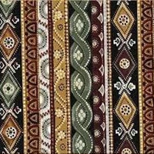 May include: Abstract patterned fabric with vertical stripes in shades of brown, green, and gold. The pattern features geometric shapes, dots, and wavy lines.