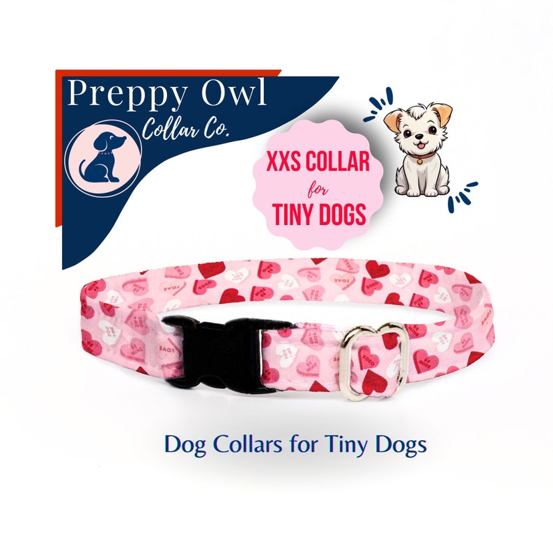 XXS Pink Dog Collar with Hearts by Preppy Owl Collar Co