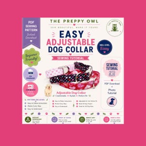 May include: A PDF sewing pattern for an adjustable dog collar by The Preppy Owl. The image displays three fabric collars with heart patterns in pink, black, and red, alongside text detailing instructions, a photo tutorial, and a beginner skill level.