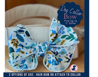 Summer Bows for Dogs, Girl Dog Bow Blue Floral, Cute Dog Collar Bow, Dog Grooming Bows, Dog Hair Bows