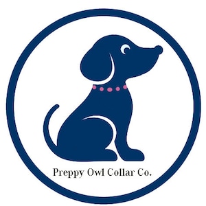 May include: A circular logo featuring a dark blue silhouette of a dog sitting in profile, wearing a pink dotted collar. The dog has a white eye and is positioned above the text Preppy Owl Collar Co. enclosed within a dark blue circular border.