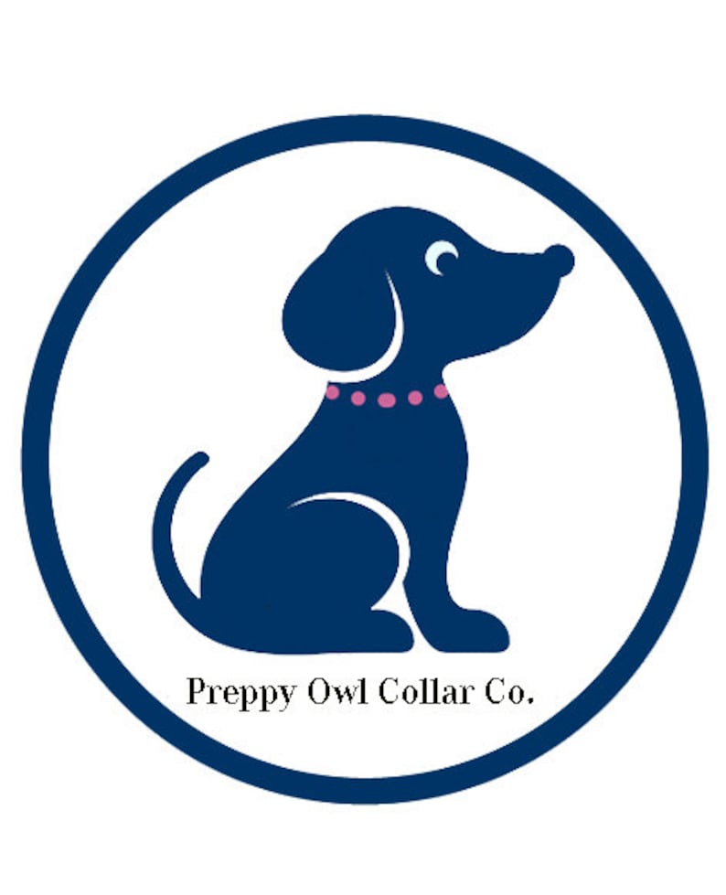 May include: A circular logo featuring a dark blue silhouette of a dog sitting in profile, wearing a pink dotted collar. The dog has a white eye and is positioned above the text Preppy Owl Collar Co. enclosed within a dark blue circular border.