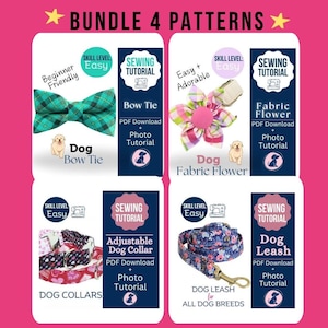 May include: A bundle of four sewing patterns for dogs, including a bow tie, fabric flower, adjustable dog collar, and dog leash. Each pattern is labelled "Easy" and includes a PDF download and photo tutorial. The bow tie is green plaid.