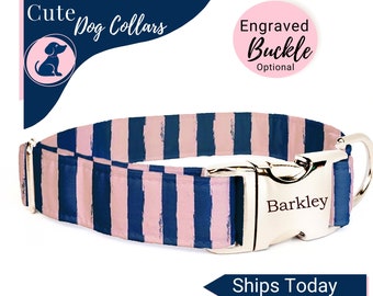 Blue Dog Collar with Rose Gold Stripes, Stripes Dog Collar, Custom Dog Collar, Cotton Fabric Dog Collar, Fashion Dog Collar