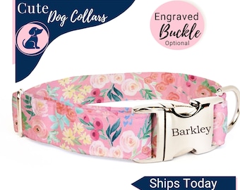 Pink Dog Collarr with Flowers, Floral Dog Collar Girl, Puppy Collar, Dog Wedding Attire, Small Dog Collar Personalized with Name