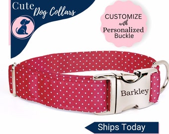 Red Polka Dot Dog Collar, Cute Dog Collar, Dog Collar Personalized, Polka Dot Pet Collar, Laser Engraved dog Collar, Quick Release Collar