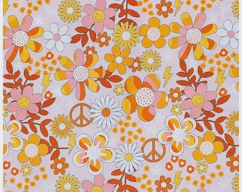 Retro Groovy Floral Cotton Fabric by the Yard, Hippie Flower Power Quilting Fabric, Orange Pink Daisy Cotton Fabric, 70s Retro Sewing Fabric