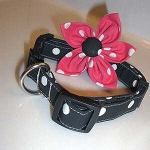 Puede incluir: Un collar negro con lunares blancos que presenta una flor de tela rosa grande y extra&iacute;ble con lunares blancos y un centro negro. El collar incluye una hebilla de pl&aacute;stico negro, una anilla en D de metal plateado y costuras blancas.
