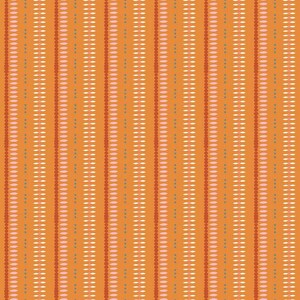 May include: A vibrant orange fabric featuring a repeating vertical pattern of thin stripes. The design consists of alternating rows of small dark orange dots, light pink elongated ovals, and tiny teal dots arranged in a consistent linear sequence.