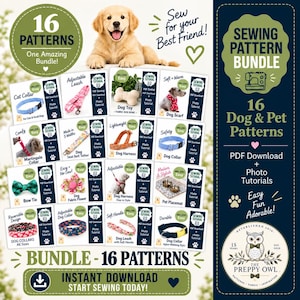 16 Sewing Patterns Bundle: Dog Bow Tie, Flower, Leash & Adjustable Collar, Key Chain, Lanyard (PDF Download)