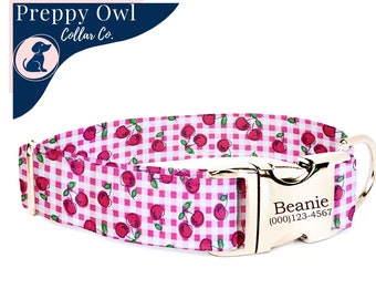 Pink Gingham Dog Collar Female, Cherries Dog Collar Girl, Dog Collar Pink Plaid, Cute Dog Collar Personalized, Dog Collar with Name