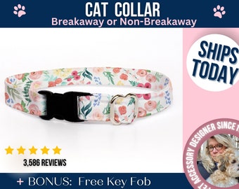 Cat Collar with Breakaway Buckle, Floral Cat Collar with Bell, XXS Dog Collar Option