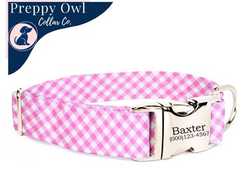 Adjustable Dog Collar Girl, Pink Dog Collar with Name, Cute Dog Collar for Summer, Fabric Dog Collar Personalized, Gingham Female Dog Collar