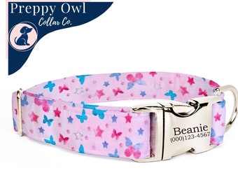 Butterfly Dog Collar Aqua, Butterflies Dog Collar Girl, Dog Collar Pink, Cute Dog Collar Personalized, Dog Collar with Name