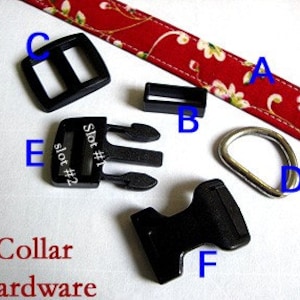 May include: A red fabric strap with a floral pattern labeled A, alongside black plastic hardware including a slider labeled C, a keeper labeled B, a side-release buckle labeled E and F with text slot #1 and slot #2, and a silver D-ring labeled D.