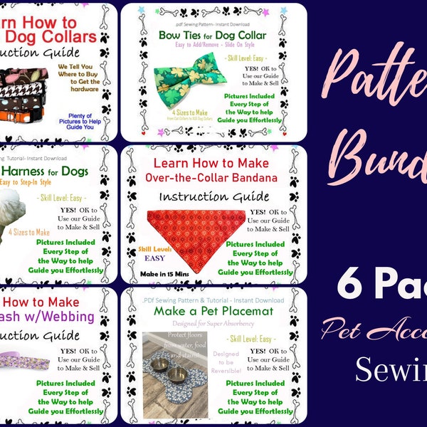 Dog Collar Bundle Sewing Pattern .pdf Tutorial, Bow Tie, Bandana, Custom Dog Harness, Pet Accessories - Instant Download with Bonus Included