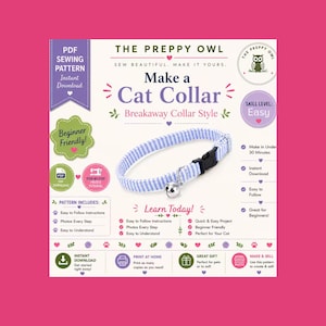 May include: A PDF sewing pattern for a breakaway cat collar by The Preppy Owl. The image features a light blue and white striped collar with a black plastic buckle and a silver bell. Text includes Make a Cat Collar, Skill Level: Easy, and more.