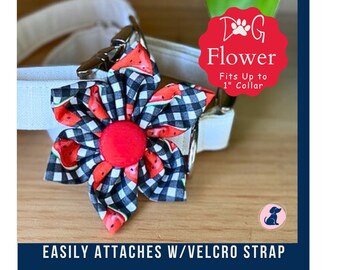 Watermelon Dog Collar Flower Attachment, Gingham Fabric Flower for Dog Collar