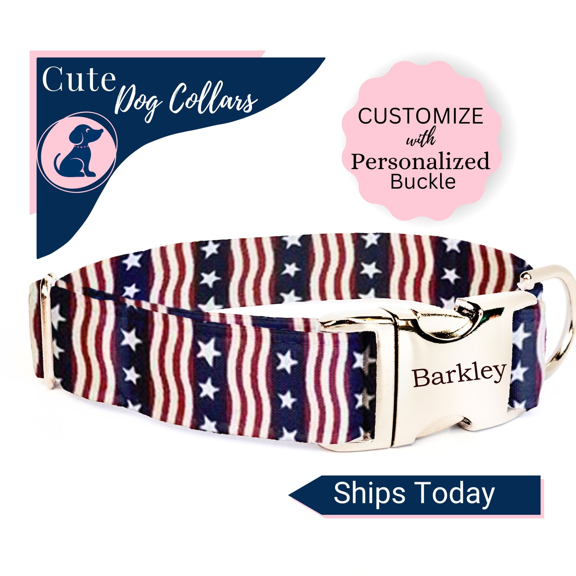 Patriotic Dog Collar with Name, 4th of July Dog Collar for Boy or Girl, Custom Engraved Dog Collar