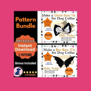 Könnte beinhalten: Ein digitales Schnittmuster-Paket für eine Geister-Fliege und eine Fledermaus-Fliege für Hundehalsbänder. Das Bild enthält Text wie Pattern Bundle, PDF Pattern, Instant Download, 2 Patterns, Bonus Included, Make a Ghost Bow Tie und Make a Bat Bow Tie.