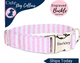 Dog Collar with Name, Pink Seersucker Dog Collar, Summer Dog Collar, XLG Dog Collar