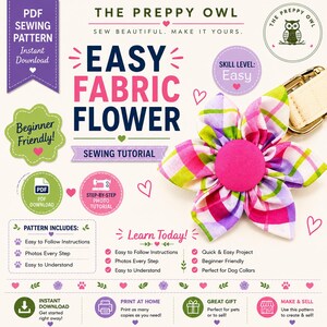 Puede incluir: Un patr&oacute;n de costura digital para una flor de tela f&aacute;cil, con una flor a cuadros con un centro rosa brillante unida a un collar beige. El texto incluye "The Preppy Owl", "Easy Fabric Flower", "Sewing Tutorial" y "Beginner Friendly".
