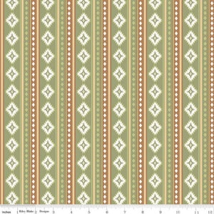 K&ouml;nnte beinhalten: Ein gr&uuml;n-braun-wei&szlig; gestreifter Stoff mit einem geometrischen Muster. Das Muster besteht aus Rauten und Punkten.