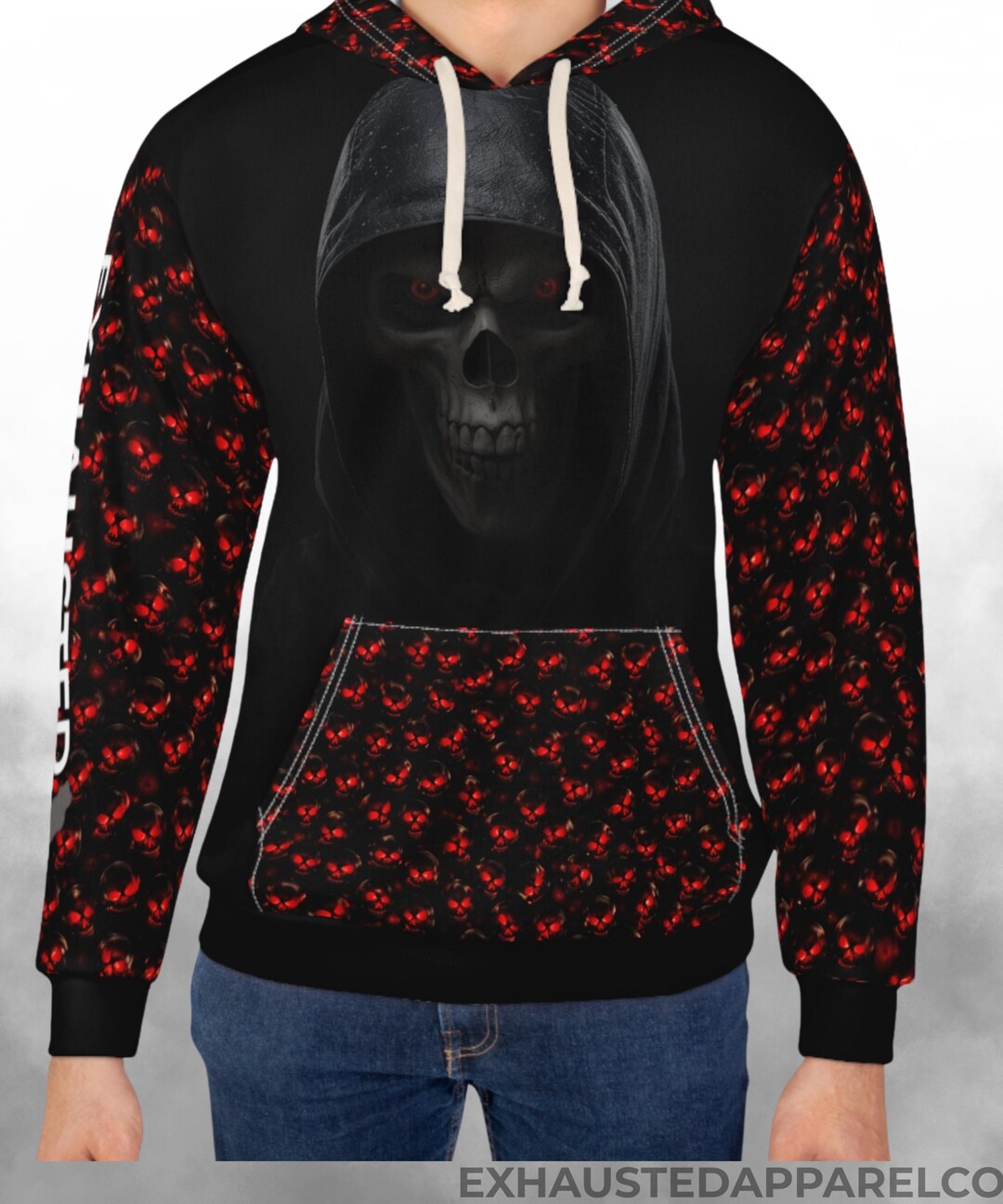 Shadow Skull Hoodie - Red Skull Pattern Sleeves & Pocket - Streetwear ...