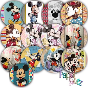 May include: A collection of circular images featuring Mickey Mouse and Minnie Mouse in various poses and styles. The images have a vintage, distressed look with bright colors and patterns. Some images show Mickey and Minnie kissing.