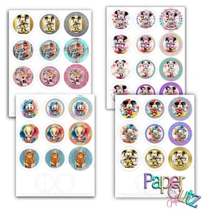 May include: Sheets of circular stickers featuring various Disney characters, including Mickey and Minnie Mouse, Donald Duck, and Tweety Bird. The stickers have colorful watercolor designs and are labeled "Paper by Julz".