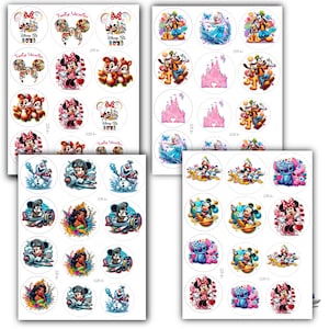 May include: Sheets of circular stickers featuring various Disney characters, including Mickey and Minnie Mouse, Chip and Dale, and characters from Frozen. The stickers are colorful and include the text "Family Vacation 2023". Each sticker is approximately 2.75 inches in diameter.