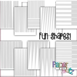 Op de afbeelding: Een verzameling grijs en wit bedrukte papieren vellen. De ontwerpen omvatten verticale en horizontale strepen en schuine lijnen. De tekst "Fun Shapes!" wordt in zwart script weergegeven. Het Paper by Julie Gutz-logo staat rechtsonder.