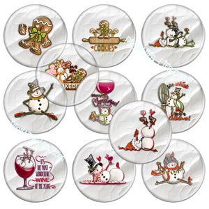 May include: A selection of Christmas-themed circular designs with gingerbread men, snowmen, and wine glasses. Some designs feature text such as "I'm here for the cookies" and "Merry Christmas!" The colour scheme includes brown, red, and white.