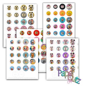 May include: Sheets of colorful, circular stickers featuring various cartoon characters, including Mickey and Minnie Mouse, Donald Duck, and Tweety Bird. The stickers have a variety of designs and colors, with the text "Paper by Julz" at the bottom.