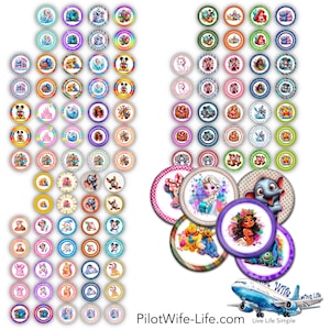 Könnte beinhalten: Eine Sammlung farbenfroher, runder Kronkorken-Bilder mit verschiedenen Disney-Figuren. Die Kronkorken sind in Reihen und Spalten angeordnet, mit einigen größeren, kreisförmigen Bildern von Disney-Figuren. Das Bild enthält auch ein kleines Flugzeugmodell.