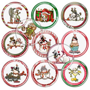 Puede incluir: Una colección de diseños circulares con temática navideña que presentan muñecos de nieve, Papá Noel y texto festivo. Los diseños incluyen muñecos de nieve con sombreros de copa, bufandas y decoraciones navideñas. La paleta de colores incluye rojo, verde, blanco y marrón.