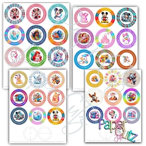 May include: Sheets of colorful, circular paper cutouts featuring various Disney characters. Designs include Minnie Mouse, Mickey Mouse, Elsa, Ariel, and more. The text "Paper by Gutz" is visible.